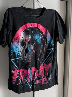 Friday the 13th Black Graphic Tee with Pink & Blue Accents - Medium